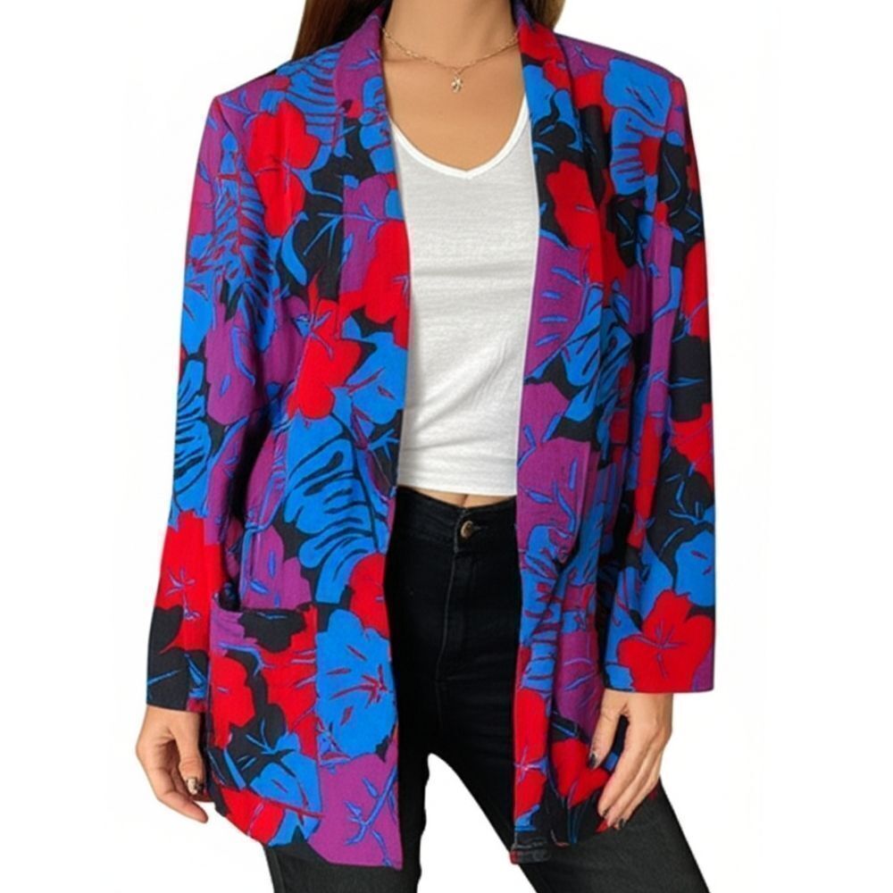 Vintage 80s City Girl Black Red Blue Purple Vibrant Tropical Floral Blazer 7/8